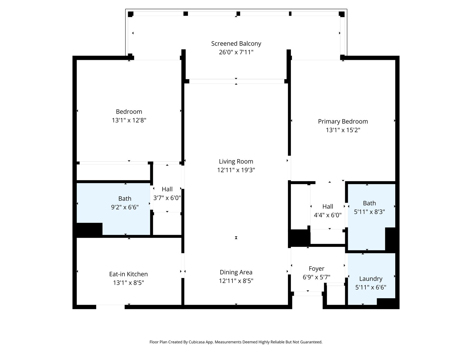 Measured floor plan of 7146 Estero Blvd PH-14, showing the split bedroom layout and the 26-foot screened balcony